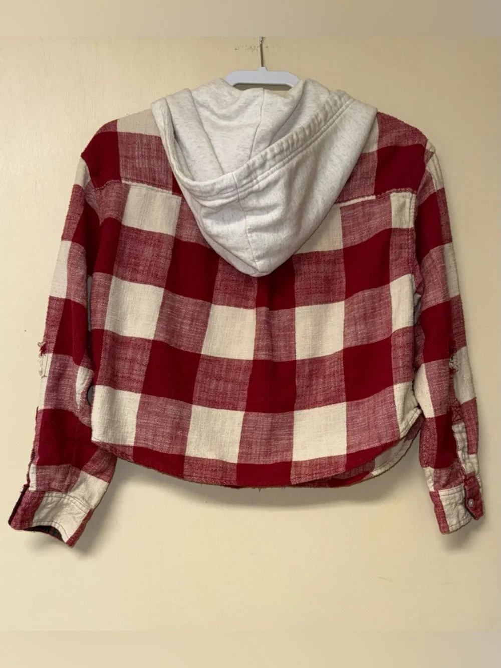 American Eagle Outfitters Red & Cream Plaid Hooded Button-Down - Cropped - Picture 2 of 8